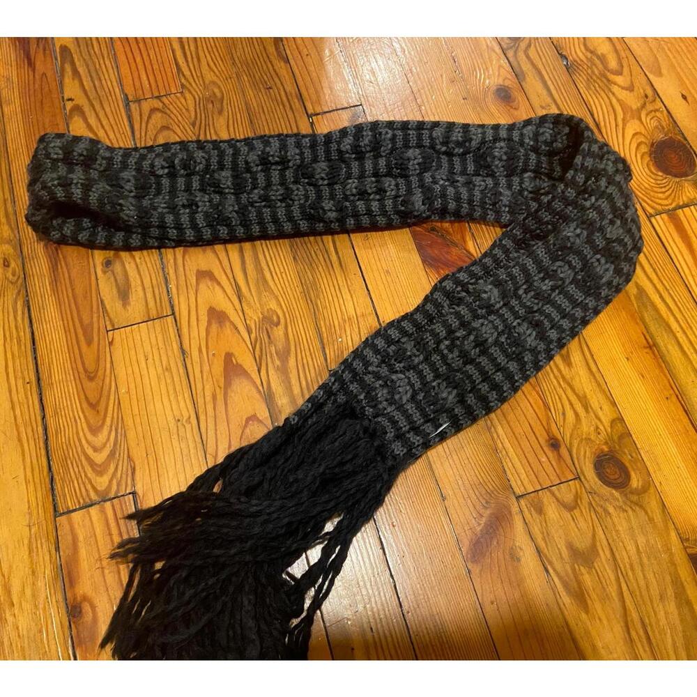 Black and Gray Stripped Knit Scarf with Fringe